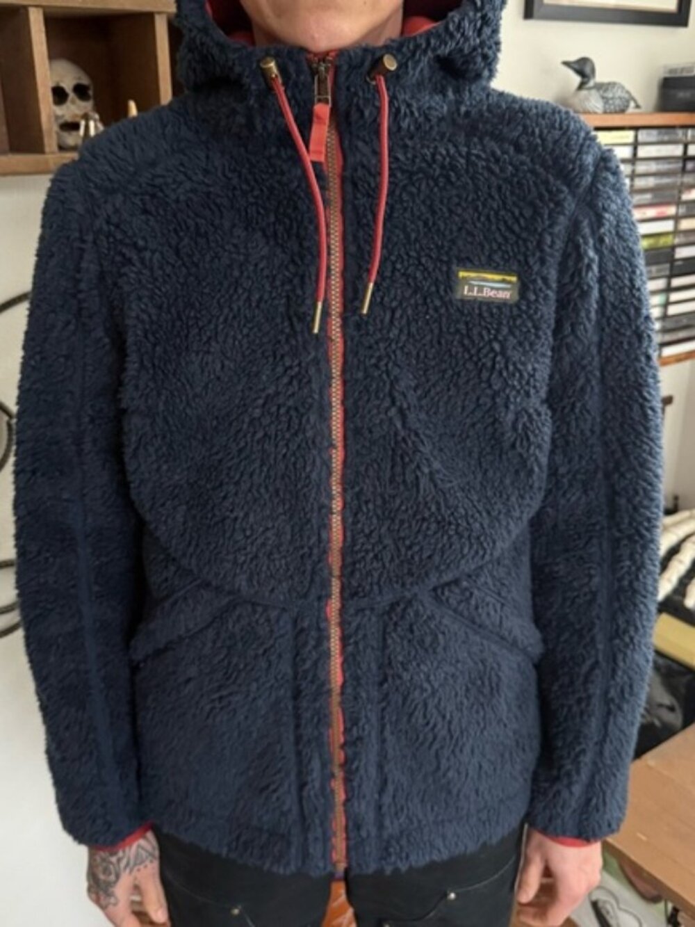 LL Bean Navy Blue Mountain Pile Sherpa Fleece Hooded Coat ~ Size Small